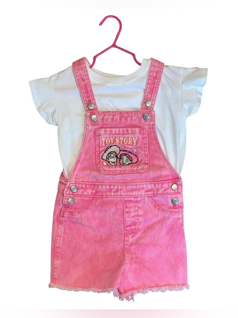 Disney Toy Story Pink Overall Shorts Set Woody Jessie Embroidered Size 4T